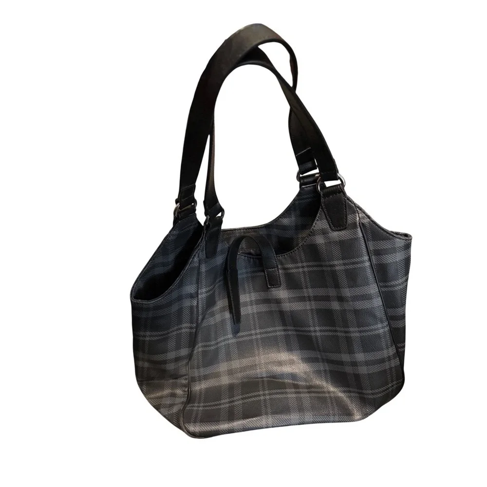 Tommy Hilfiger Plaid Hobo Shoulder Bag Black Gray Silver Buckle